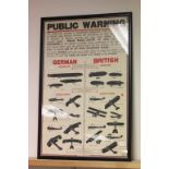 1915 dated framed WW1 aircraft recognition public warning poster