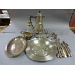 A box of various silver plated items to include waterpot and various flatware