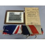 A framed black and white photograph of an Army regiment; together with various Union flags and a