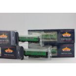 Four boxed OO gauge Bachmann BR green coaches to include 39-078, 39-128, 34-575A & 34-500B