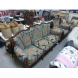 Lounge Suite comprising Three Seater Settee, Two Armchairs and Two Salon Chairs, all with ornately