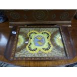 A 1930s inlaid framed butterfly wing tray; with twin carrying handles