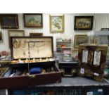 Japanese Table Cabinet with Porcelain Panels, Jewellery Box with Various Items including