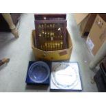 Boxed Stuart Crystal Bowl, Boxed Royal Worcester Cake Plate and Two Cases of Souvenir Teaspoons