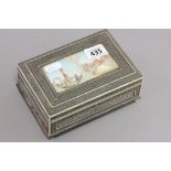 Anglo Indian cigarette box with ivory inlay and painted panel to lid of ruins and a temple