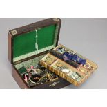 Jewellery box & contents, box inlaid with abalone and brass