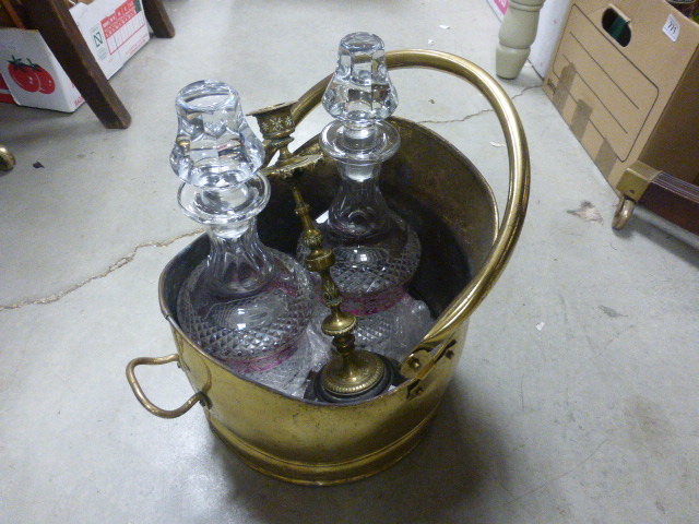 Brass Coal Scuttle and Pair Hobnail Cut Glass Decanters and a Brass Candlestick