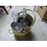 Brass Coal Scuttle and Pair Hobnail Cut Glass Decanters and a Brass Candlestick