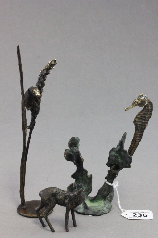 Three Bronze Models - Sea Horse, Deer and Door Mouse