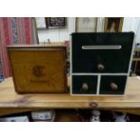Edwardian Oak Wall Hanging Stationery Cabinet together with a Green Painted Table Cabinet with