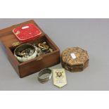 Wooden Box containing a quantity of Costume Jewellery and a Silver Napkin Ring