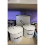 Three enamel containers to include Sugar, sultanas & bread (no lid to bread bin)