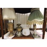 Onyx Table Lamp, Granite and Gilt Table Lamp and a Brass Oil Lamp converted to Electric