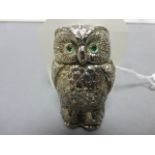 White Metal Vesta Case in the form of an Owl with Green Glass Eyes