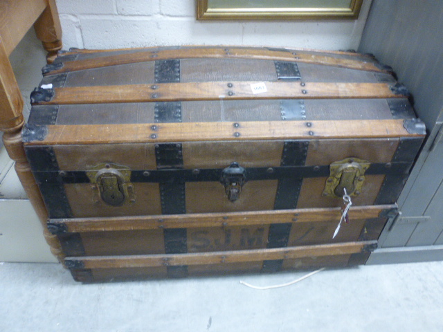 Victorian Iron and Wooden Bound Domed Top Travelling Trunk