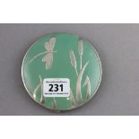 Vintage Art Deco Stratton Green Enamel Compact with White Metal Dragon Fly & Bullrushes decoration