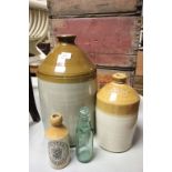 John Hill, Monmouth Stoneware Jar, Two other Stoneware Jars and Glass Lemonade Bottle