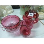 Three Items of Victorian Cranberry Glass - Jug, Bowl and Lidded Jar