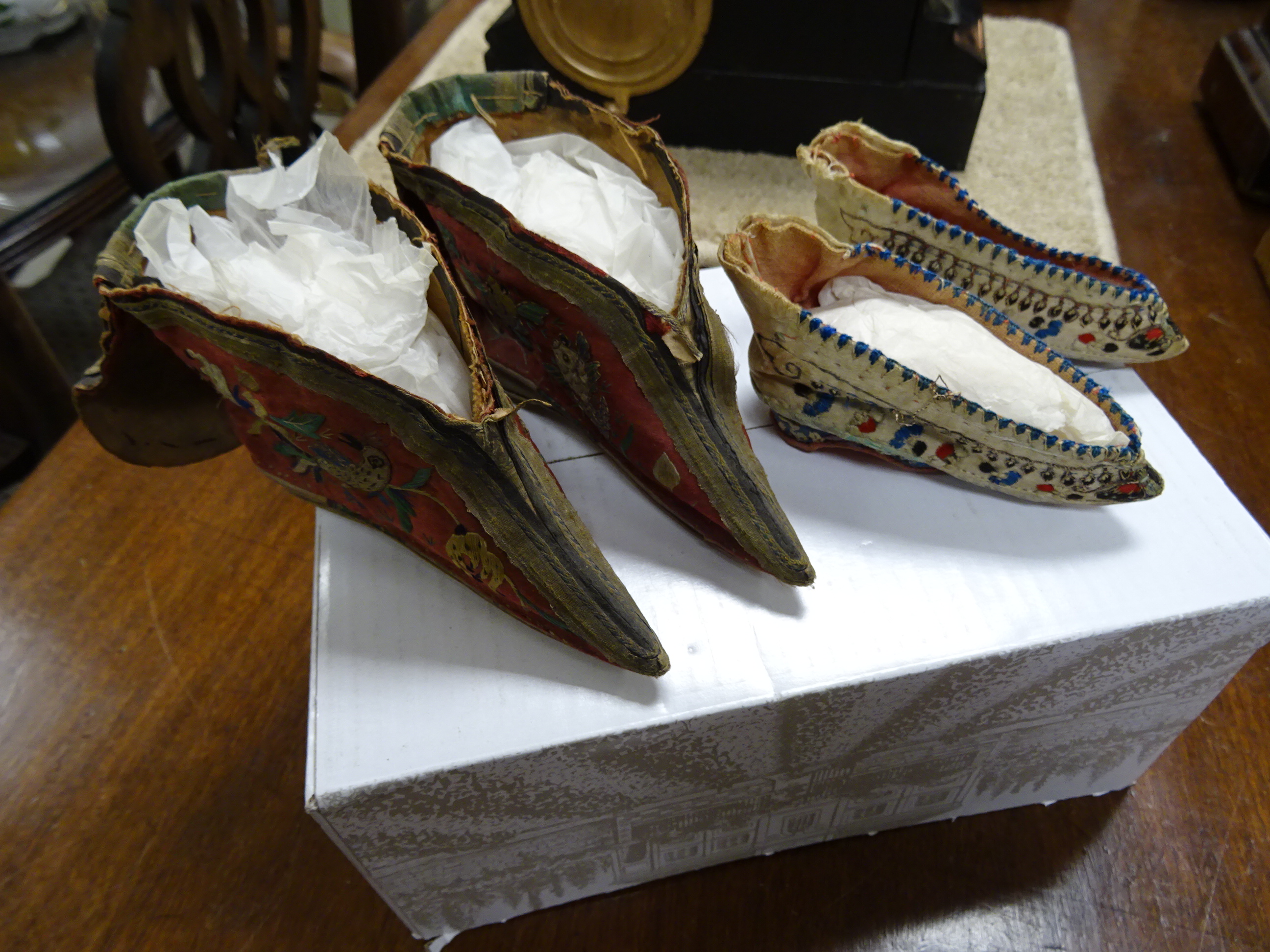 Pair of Antique Chinese Silk Embroidered Shoes / Slippers together with another similar pair