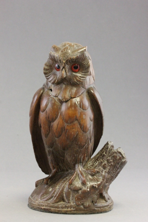 Early 20th century Black Forest Carved Walnut Tobacco Jar in the form of an Owl with Glass Eyes