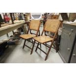 Pair of Stained Beech Folding Chairs with Wicker Seats and Backs