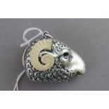 A silver plated rams head vesta case with bone horns