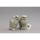 Pair of White Metal Cruets in the form of Owls