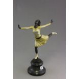 Cold painted bronze figure of an ice skater on marble base