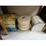 Kitchenalia - Three T G Green Mixing Bowls, Enamel Bread Bin, Three Advertising Biscuit Tins and Two