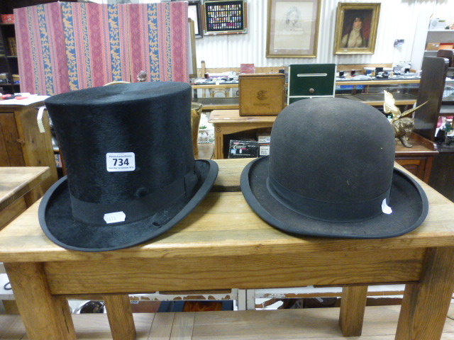 ' The W Make ' Black Silk Top Hat and a Bowler Hat