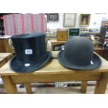 ' The W Make ' Black Silk Top Hat and a Bowler Hat