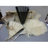 Antique Fans including Bone and Feather Fan, Bone and Mother of Pearl Fan, Lacquered and Feather