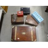 Three Victorian Wooden Boxes, Three Vintage Cash Tins and a Silver Candlestick (a/f)