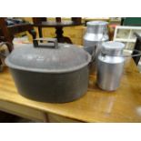 Large Vintage Metal Cooking Pot and Lid plus Two Small Aluminium Milk Churns