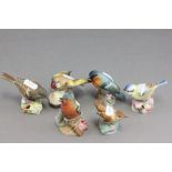 Six Royal Worcester Birds - Wren, Blue Tit, Bullfinch, Hedge Sparrow, Chaffinch, Goldfinch