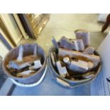 Two Buckets of Mixed Wooden Tools including Planes and Braces