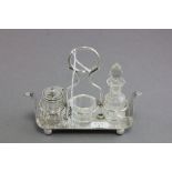 Early 20th century Deco Style Silver Plated and Glass Three Piece Condiment Set on Stand