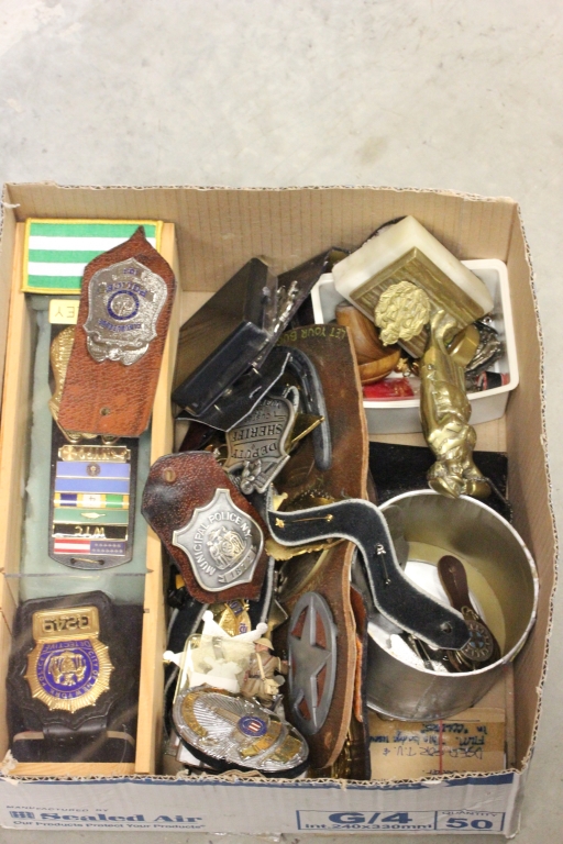 Group of Replica Police and Sheriff Badges plus a Brass Model of a RAF Woman with Maple Leaf Badge