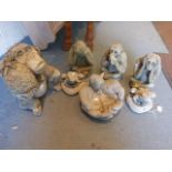 Various reconstituted stone garden ornaments; three monkeys etc