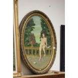 Large oval gilt framed oil on board of a nude lady feeding some doves