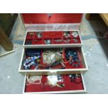 Three tier jewellery box with costume jewellery contents