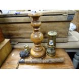 Two Brass Miners Lamps, Turned Wooden Lamp Base and a Replica Mace