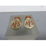 Two AFS Auxiliary Fire Service enamel button badges WWII era