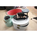 Painted metal hat tin with cowboy hat, painted tin bath, milk pale and wooden three legged stool