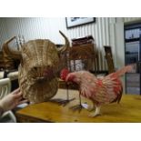 Two ornament chickens and Wicker Bulls Head