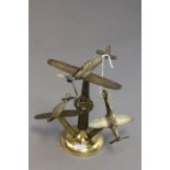 Trench Art Military Brass Display of Three Fighter Aircraft set on a Shell Case with RAF Badge