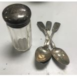 Various silver teaspoons, and silver topped jar