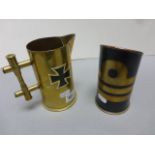 Two Trench Art brass jugs made from shells, one with fleet air arm enamel badge, the other with