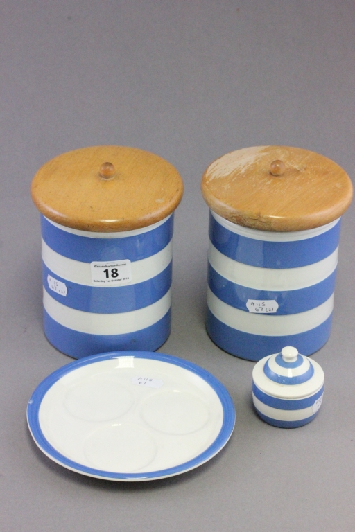 Pair of Vintage T G Green Cornishware Storage Jars with Wooden Lids plus a Mustard Jar & Cruet stand