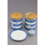 Pair of Vintage T G Green Cornishware Storage Jars with Wooden Lids plus a Mustard Jar & Cruet stand